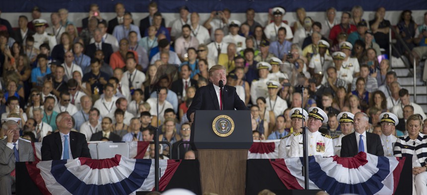 President Donald J. Trump delivers remarks during USS Gerald R. Ford’s (CVN 78) commissioning ceremony at Naval Station Norfolk in 2017.