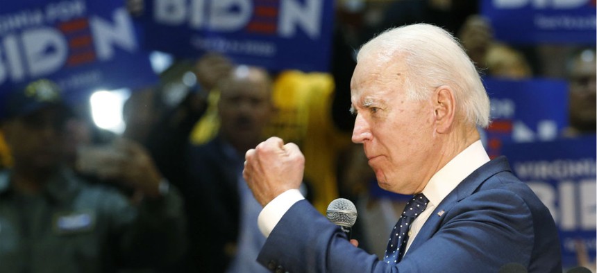 Democratic presidential candidate former Vice President Joe Biden, gestures during a campaign rally Sunday, March 1, 2020, in Norfolk, Va. 