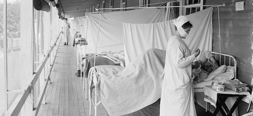 The Walter Reed Hospital flu ward is shown circa 1918.