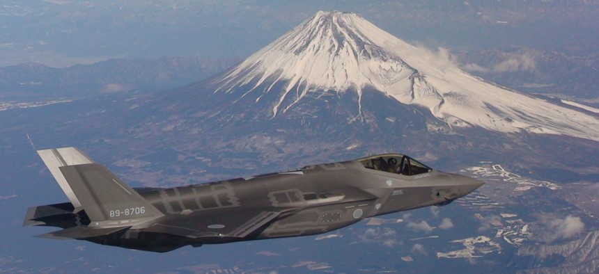 A Japan Air Self-Defense Force F-35A flies past Mt. Fuji on its way to Misawa Air Base. The aircraft, known as AX-6, was the second F-35A built in Japan at the Mitsubishi Heavy Industries (MHI) F-35 Final Assembly and Check Out (FACO) facility in Nagoya.