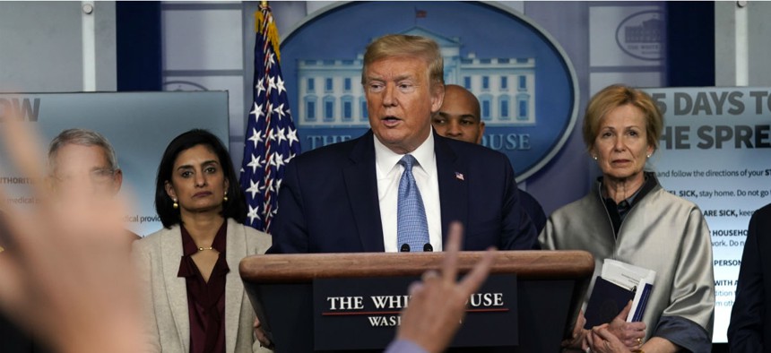 President Trump speaks during a press briefing with the coronavirus task force.