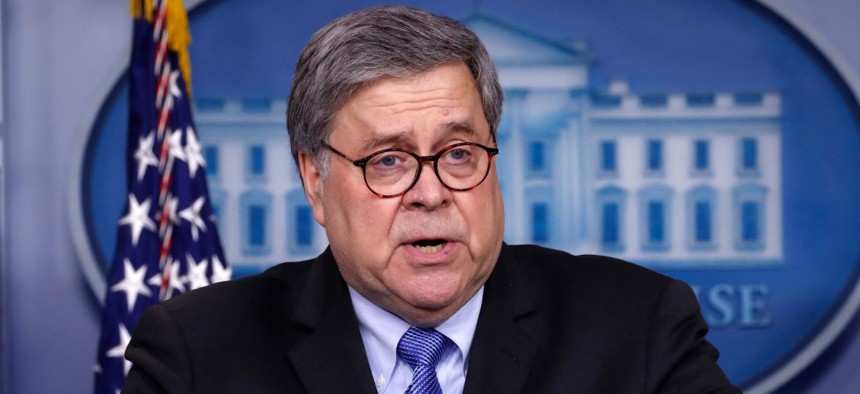 Attorney General William Barr speaks at a White House briefing on Monday. Barr said the task force will work on "supply chain issues and specifically on the problem of hoarding and price gouging."
