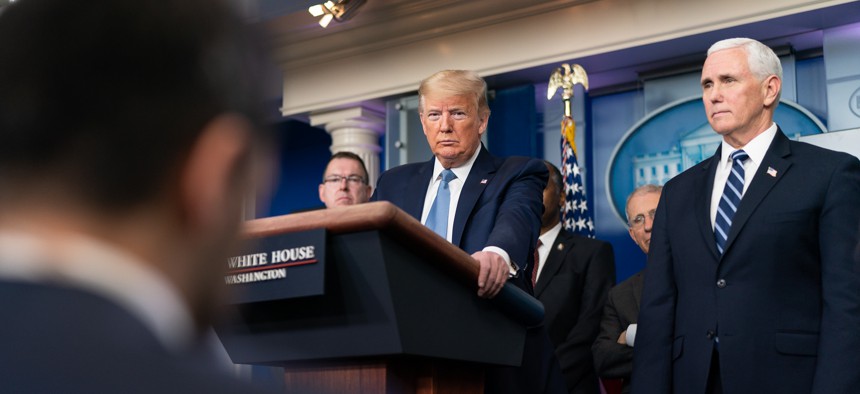  President Donald J. Trump, joined by Vice President Mike Pence and members of the White House Coronavirus Task Force, delivers remarks at a coronavirus briefing on Sunday.