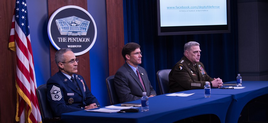 Defense Secretary Dr. Mark T. Esper joined by Joint Chiefs of Staff Chairman Army Gen. Mark A. Milley and Senior Enlisted Advisor to the Chairman Ramón ''CZ'' Colón-López hosts a virtual town hall meeting at the Pentagon Briefing Room