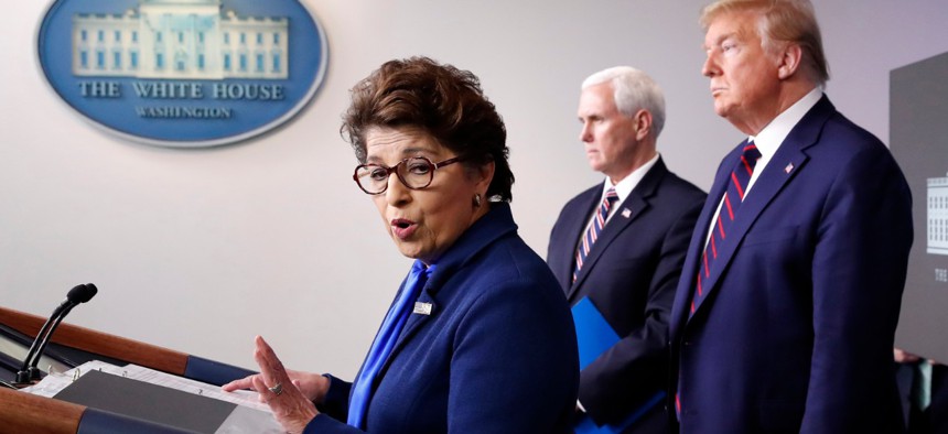 SBA Administrator Jovita Carranza speaks about the coronavirus in the James Brady Press Briefing Room of the White House in Washington on Thursday. 