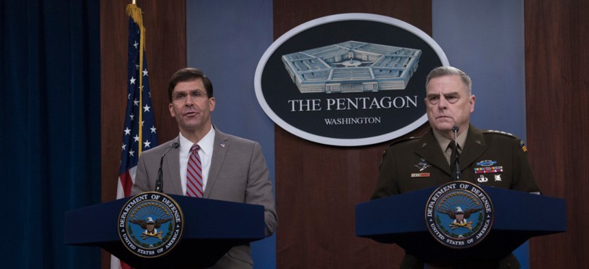 Secretary of Defense Mark Esper (left) and Chairman of the Joint Chiefs of Staff Army Gen. Mark A. Milley speak to reporters at the Pentagon on March 2. 