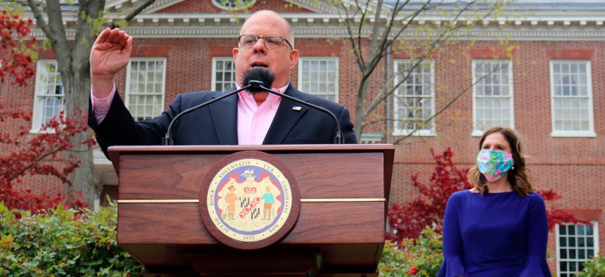 Maryland Gov. Larry Hogan speaks at a news conference on the grounds of the Maryland State House on April 17. Hogan spoke after holding a conference call with Virginia Gov. Ralph Northam and District of Columbia Mayor Muriel Bowser.