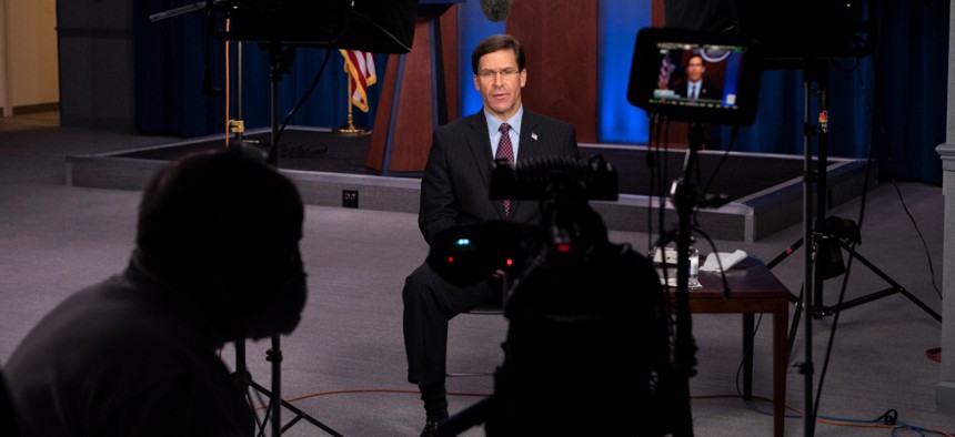 Defense Secretary Mark Esper is interviewed by NBC's Today Show in the Pentagon Briefing Room on April 16.