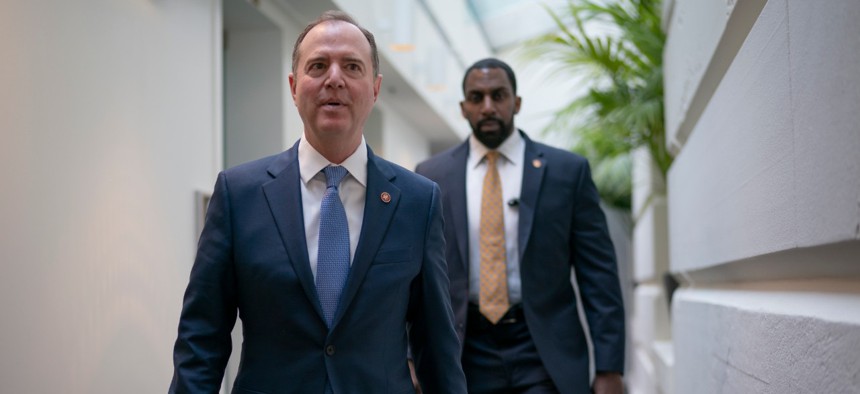 Lead House impeachment manager, Intelligence Committee Chairman Adam Schiff, D-Calif., arrives to meet with fellow Democrats at the Capitol on Feb. 5.