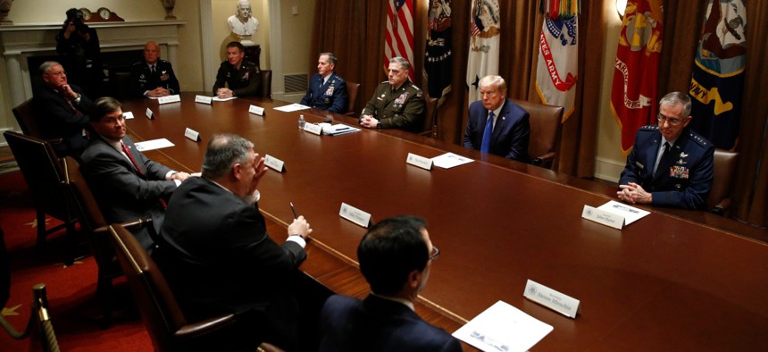 President Trump meets with senior military leaders and members of his national security team in the Cabinet Room of the White House on May 9. 