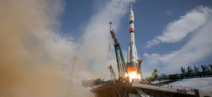 A Soyuz rocket carrying a new crew to the International Space Station blasts off in Kazakhstan on April 9, 2020.
