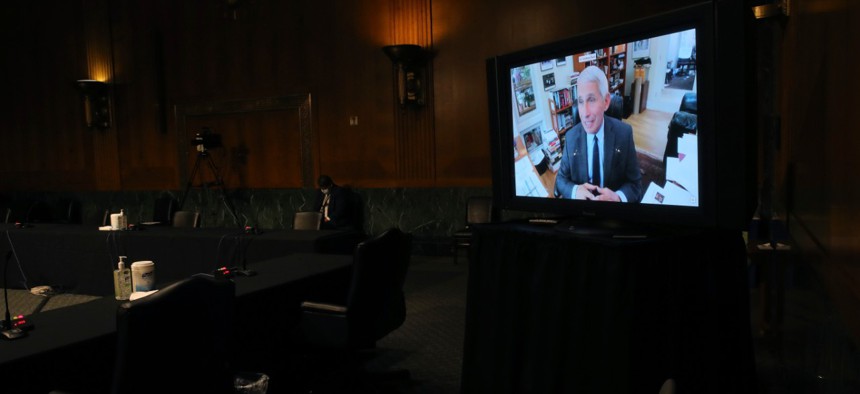 Dr. Anthony Fauci, director of the National Institute of Allergy and Infectious Diseases, speaks remotely during a virtual Senate Health, Education, Labor and Pensions Committee hearing on Tuesday. 