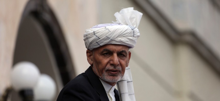 Afghan President Ashraf Ghani speaks after he was sworn in at an inauguration ceremony at the presidential palace in Kabul, Afghanistan, Monday, March 9, 2020.