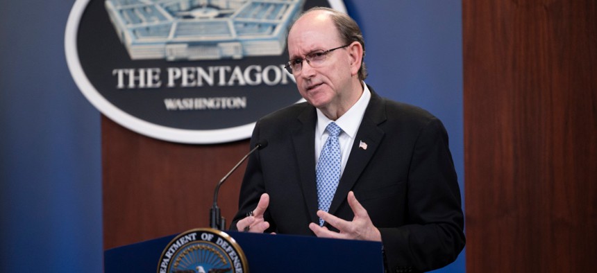 Under Secretary of Defense for Personnel and Readiness Matthew Donovan speaks at a media briefing on Thursday. Donovan said the Pentagon is going to maximize telework during reopening. 