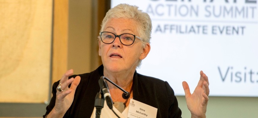 Gina McCarthy, Director of the Change for Climate, Health and the Global Environment at Harvard University, gives the keynote speech at Science to Action Day, an affiliate event of the Global Climate Action Summit o Sept. 11, 2018, in San Francisco.