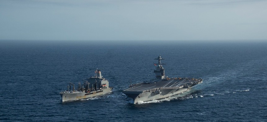 USS Gerald R. Ford (CVN 78) pulls alongside USNS Patuxent (T-AO 201) during a replenishment-at-sea on May 15. 