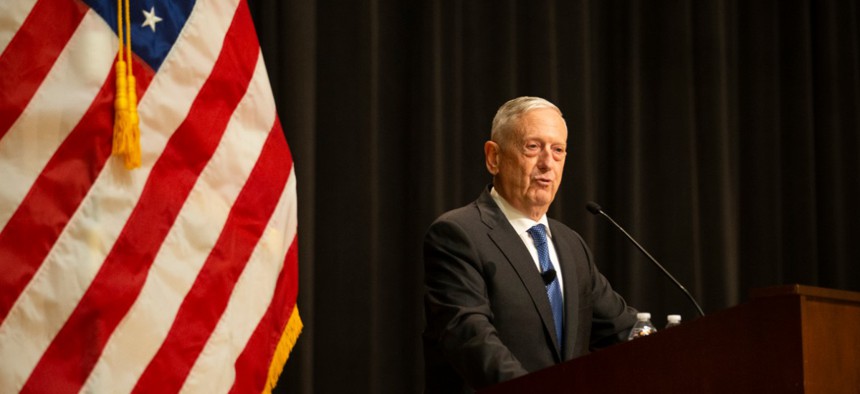 former Secretary of Defense, James Mattis, talks about his book tour at Little Hall on Marine Corps Base Quantico, Sept. 25, 2019.