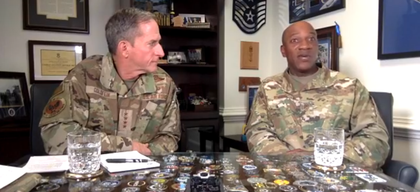 Air Force Chief of Staff Gen. David Goldfein, left, and Chief Master Sgt. Kaleth Wright address airmen on the topic of racism in a video posted on June 2.