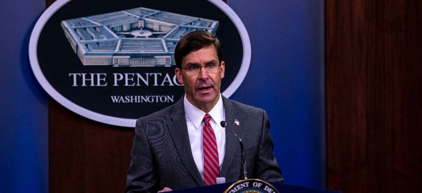 Defense Secretary Mark Esper holds a news conference at the Pentagon on June 3.