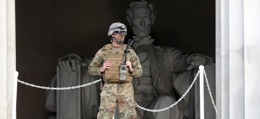 A Washington D.C. National Guard member stands guard and provides limited access at the Lincoln Memorial as D.C. prepares for another day of George Floyd protests on June 4. 