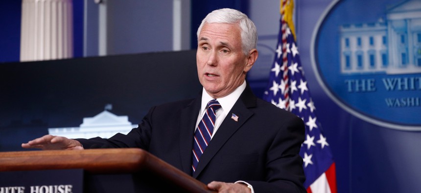 Vice President Mike Pence speaks during a Coronavirus Task Force briefing in April. Pence reportedly told governors on a call on Monday to use the Trump administration’s claim that an increase in testing explains the recent coronavirus case spikes.