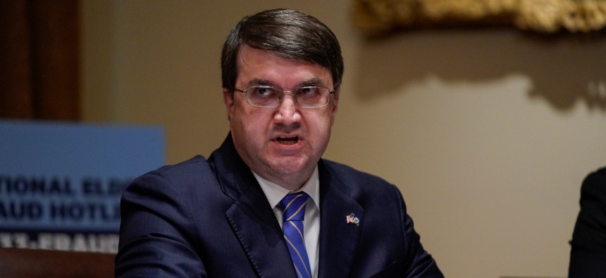Veterans Affairs Secretary Robert Wilkie speaks during a roundtable with President Trump about America's seniors in the Cabinet Room of the White House on Monday, June 15.