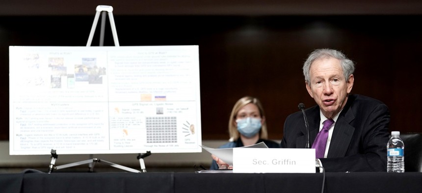 Michael Griffin, under secretary of Defense for research and engineering, makes an opening statement during a Senate Armed Services Committee hearing in May. 