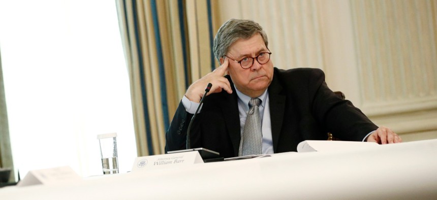 Attorney General William Barr listens during a roundtable discussion with law enforcement officials on June 8.