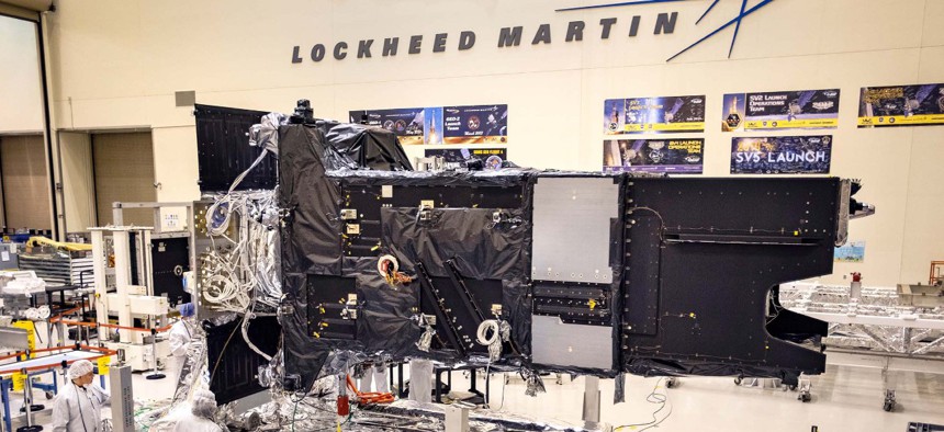 Lockheed Martin's fully-assembled SBIRS GEO 5 missile warning satellite moves into the Thermal Vacuum (TVAC) test chamber on April 1.