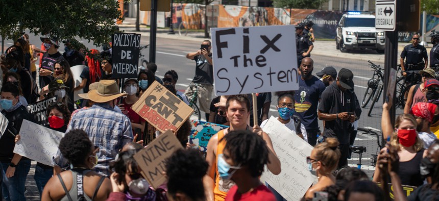Orlando, Florida – May 30, 2020: Protesters gathered in downtown Orlando to show support for George Floyd, who died in police custody in Minneapolis, sparking nationwide protests.