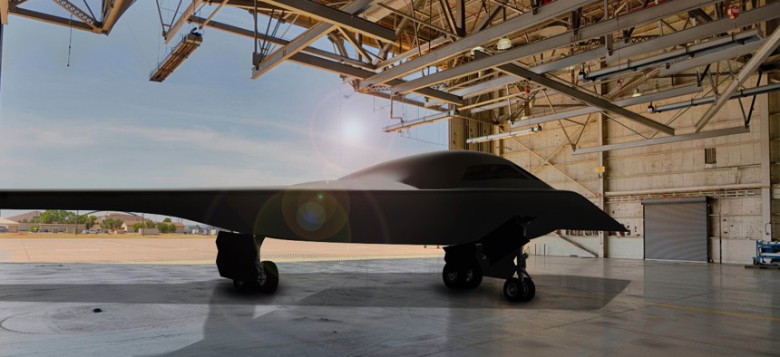 A rendering of a B-21 bomber at Dyess Air Force Base in Texas.