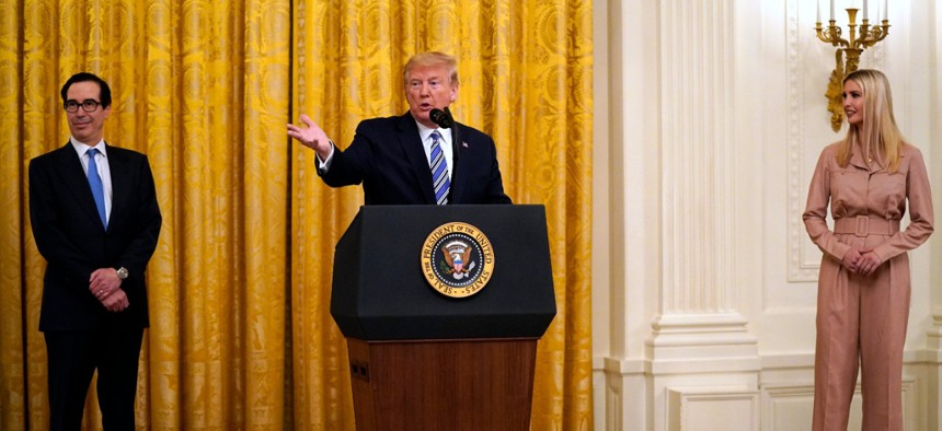 President Donald Trump speaks during an event about the Paycheck Protection Program in April.