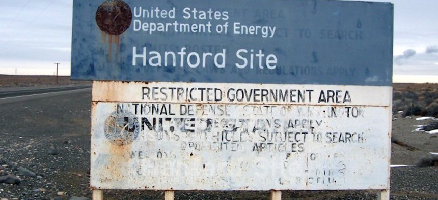 Warning sign at entry to Hanford Site, Washington, in 2005.