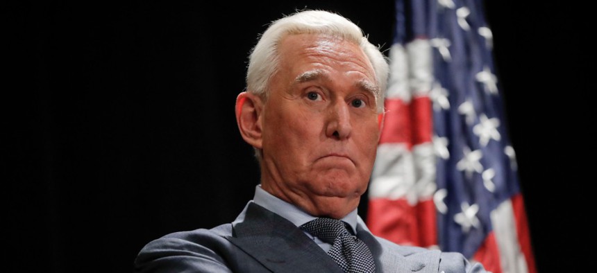 Roger Stone waits to speak to members of the media in Washington in January 2019.