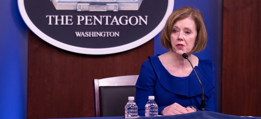 Pentagon Chief Management Officer Lisa Hershman answers questions during a briefing in May. Hershman told Federal News Network the Defense Department is more open to telework after seeing its success during the pandemic. 