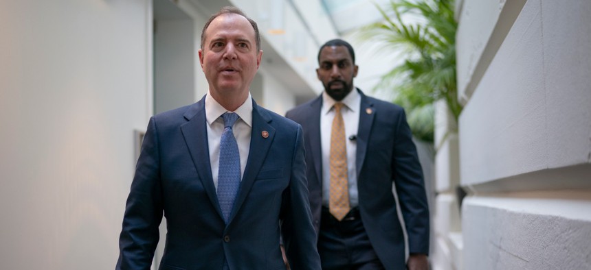 Intelligence Committee Chairman Adam Schiff, D-Calif., arrives to meet with fellow Democrats at the Capitol on Feb. 5.