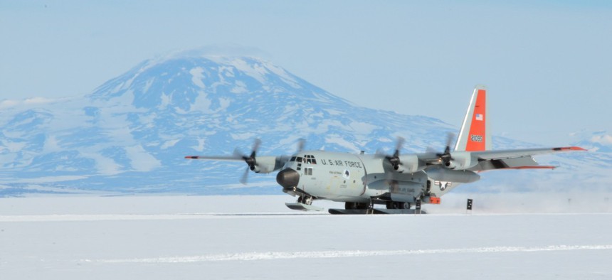 An LC-130 “Skibird” with the 139th Expeditionary Airlift Squadron returns to McMurdo Station, Antarctica, from an IcePod mission in November 2017. 