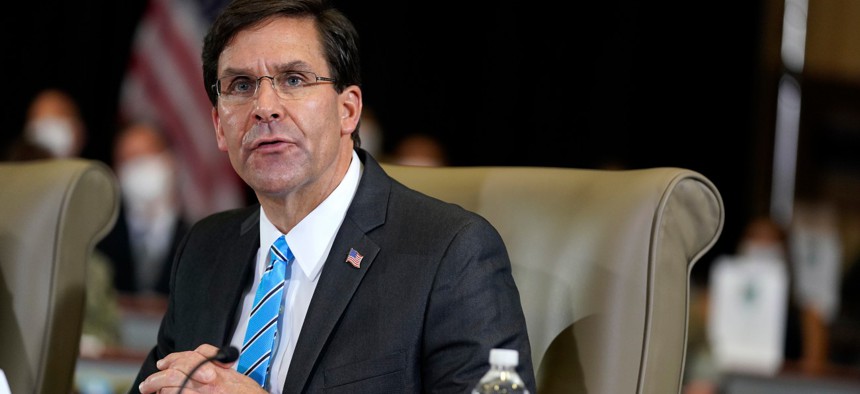 Defense Secretary Mark Esper speaks during a briefing on counternarcotics operations at U.S. Southern Command on July 10. 