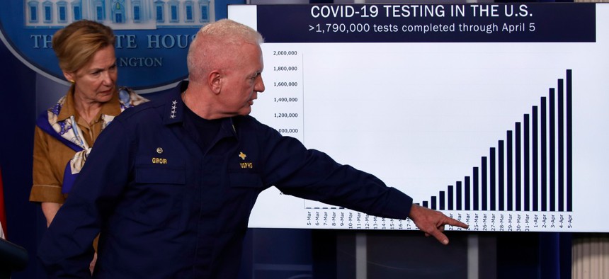 White House Coronavirus Task Force members reference a misleading chart in a press briefing. 