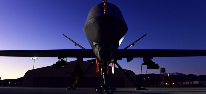 An MQ-9 Reaper sits on the flight line at Creech Air Force Base, Nevada, in December 2019. 