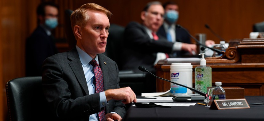 Sen. James Lankford, R- Okla., speaks during a Senate Appropriations subcommittee hearing on June 16. Lankford has said it might be time to update government telework policies. 