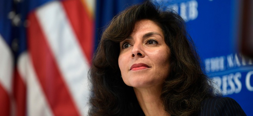 Ashley Tabaddor, a federal immigration judge in Los Angeles who serves as the president of the National Association of Immigration Judges, speaks at the National Press Club in 2018. 