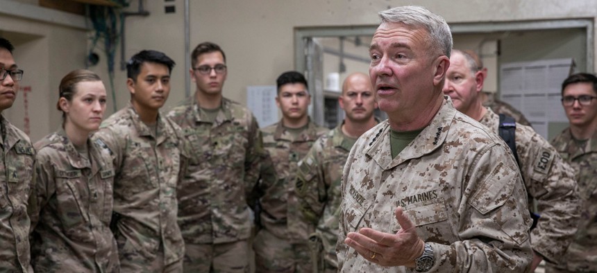 U.S. Marine Corps Gen. Kenneth F. McKenzie Jr., the commander of U.S. Central Command, speaks to U.S. soldiers during a visit to Jalalabad, Afghanistan, in 2019. 