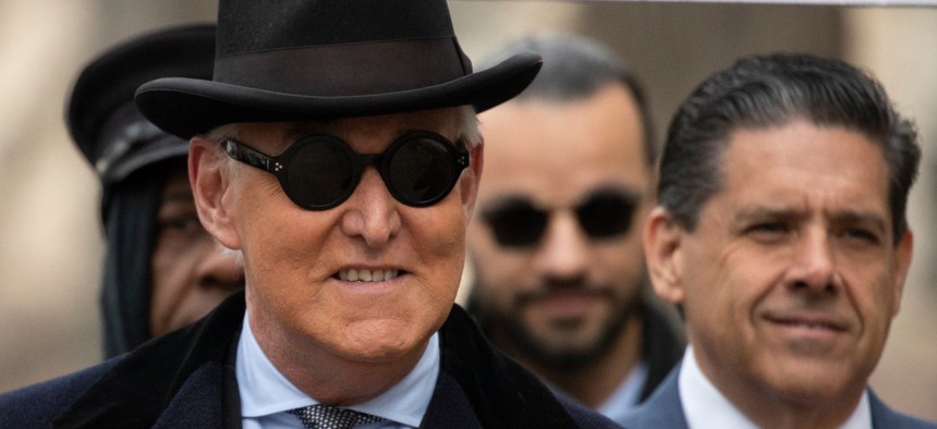 Roger Stone arrives for his sentencing at federal court in Washington on Feb. 20. 