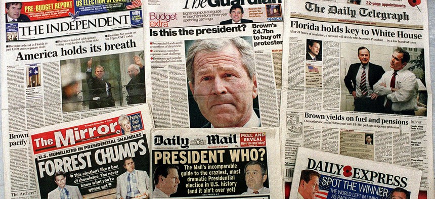 The front pages of London's Thursday 9, Nov. 2000 newspapers cover the U.S. presidential election. 