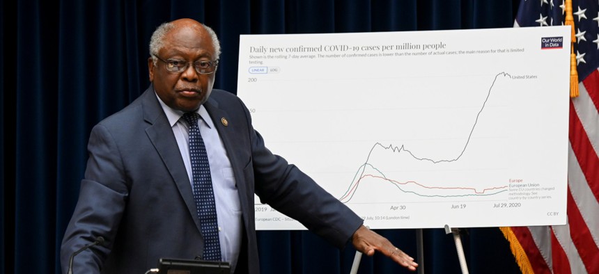 House Majority Whip Rep. James Clyburn, D-S.C., stands during a July 31 House Select Subcommittee hearing on the coronavirus.
