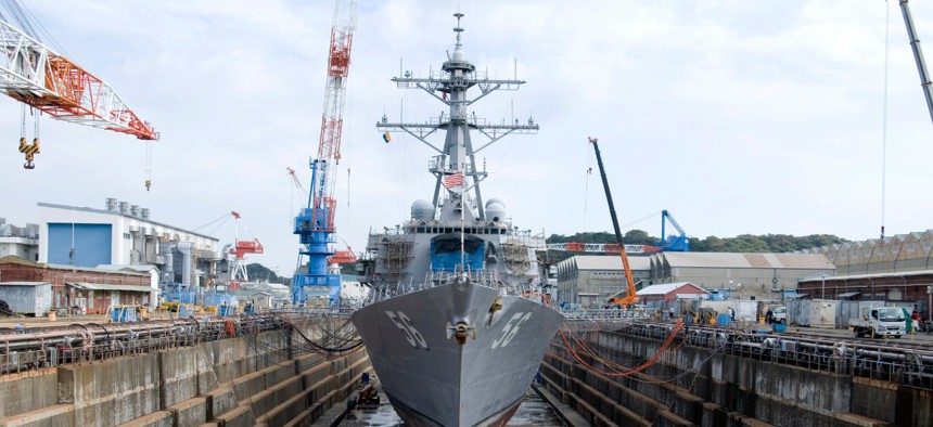 The guided-missile destroyer USS John S. McCain is in dry dock at Fleet Activities Yokosuka during a scheduled dry-dock selective restricted availability. 
