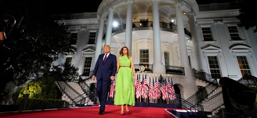 President Trump and First Lady Melania Trump arrive for his acceptance speech to the Republican National Committee Convention on the South Lawn of the White House on  Aug. 27.