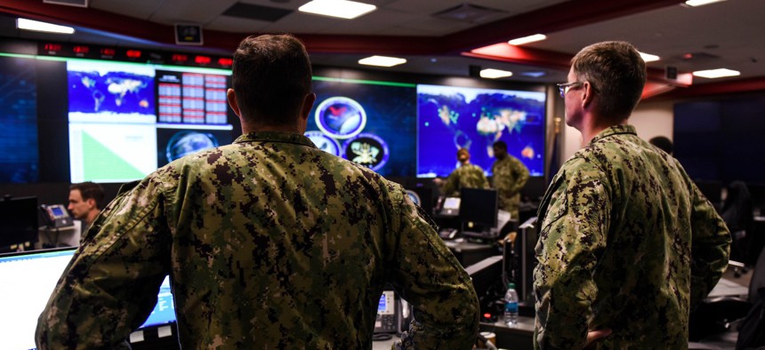 Sailors stand watch at headquarters of U.S. Fleet Cyber Command/U.S. 10th Fleet at Fort Meade, Maryland, in 2018.
