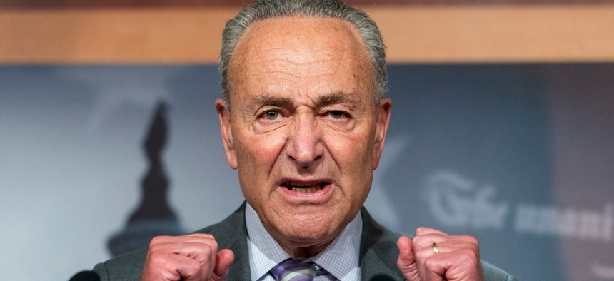 Senate Minority Leader Sen. Chuck Schumer of N.Y. speaks during a news conference on Sept. 9. Schumer has demanded that HHS Secretary Alex Azar resign over alleged political interference at the department. 